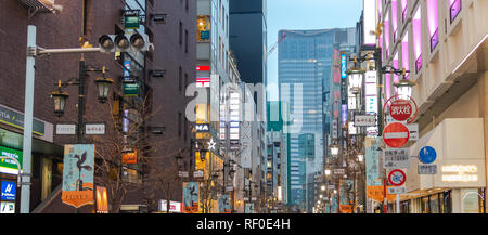 Vista notturna del quartiere di Ginza, il distretto ha un marchio famoso flagship store di tutto il mondo, offre alta fine shopping al dettaglio. Foto Stock