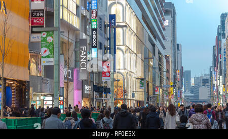 Vista notturna del quartiere di Ginza, il distretto ha un marchio famoso flagship store di tutto il mondo, offre alta fine shopping al dettaglio. Foto Stock