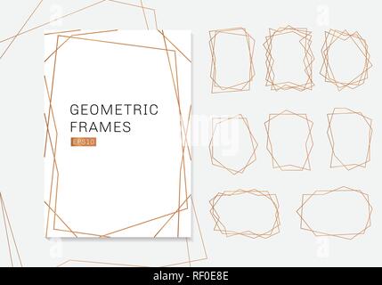 Oro poliedro geometrico insieme frames. modelli di lusso in stile art deco per invito a nozze. Motivi decorativi moderni elementi astratti. Vec Illustrazione Vettoriale