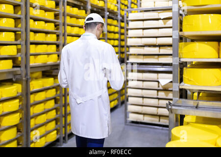 Ispettore rende note in foglio in corrispondenza del magazzino di formaggio Foto Stock