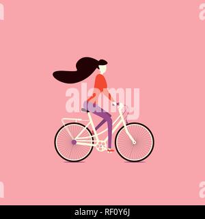 Ragazza facendo attività sportive outdoor, ragazza su una bicicletta, viaggi, escursioni in bicicletta Illustrazione Vettoriale