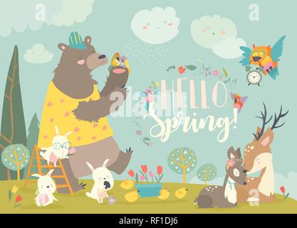Simpatici animali incontro la molla nella foresta Illustrazione Vettoriale