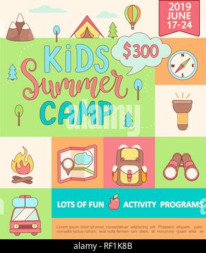 Banner per il Kids Summer Camp, concetto con handdrawn scritte,Campeggio e viaggiare in vacanza con un sacco di attrezzature per il campeggio quali tende, zaino e altri in stile appartamento,illustrazione vettoriale. Illustrazione Vettoriale