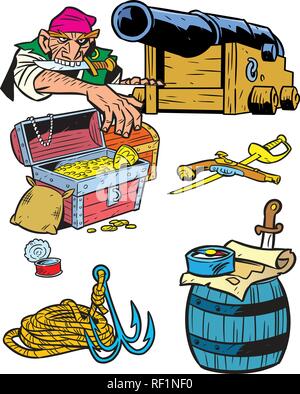 La illustrazione presentata un pirata maschio vicino alla pistola e diversi attributi pirata.illustrazione fatta in stile cartoon su livelli separati. Illustrazione Vettoriale