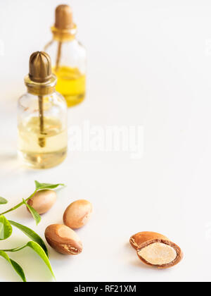 Bottiglie con olio di argan dadi. Mezzi di cosmetici. Prodotto alimentare. Vaso con olio di argan sullo sfondo isolato. Foto Stock