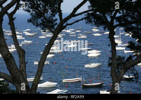 Barche nel Mediterraneo a Calella de Palafrugell, città costiera sulla Costa Blanca, Catalogna, Spagna Foto Stock