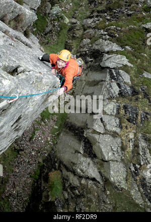 Inghilterra, Langdale Valley, Gimmer falesia, femmina climber su roccia Foto Stock