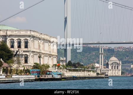 Il Palazzo Dolmabahce e sul Bosforo River, Ponte sul Bosforo e Moschea Mecidiye sul retro, Istanbul, Turchia Foto Stock