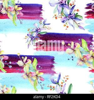 Rosa e viola di fiori di orchidea. Wild molla a balestra di fiori selvaggi. Illustrazione ad acquerello set. Disegno ad acquerello fashion aquarelle isolato. Indietro senza giunture Foto Stock