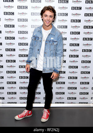 Jordan Clarke frequentando l'Eurovision incontrare gli artisti evento tenutosi presso la nuova BBC Broadcasting House, a Londra. Picture Data: mercoledì 23 gennaio, 2019. Foto di credito dovrebbe leggere: Ian West/PA FILO Foto Stock