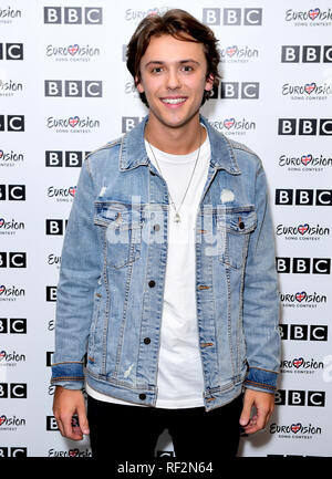 Jordan Clarke frequentando l'Eurovision incontrare gli artisti evento tenutosi presso la nuova BBC Broadcasting House, a Londra. Picture Data: mercoledì 23 gennaio, 2019. Foto di credito dovrebbe leggere: Ian West/PA FILO Foto Stock