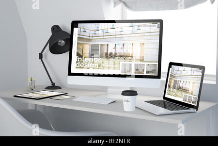 3D rendering di studio con dispositivi sensibili che mostra interior design sito web sullo schermo. Tutti i grafici dello schermo sono costituiti. Foto Stock