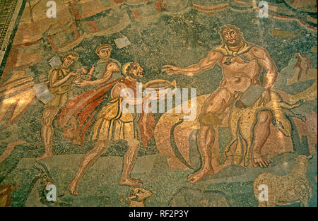 Sicilia europa Villa Imperiale romana in provincia di Enna Ulisse e Polifemo mosaico romano Detil Foto Stock