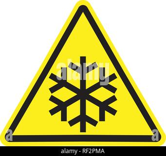 Triangolo giallo segno con il simbolo del fiocco di neve symbolCold, bassa temperatura, neve in anticipo. Illustrazione Vettoriale