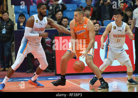 Chengdu Chengdu, in Cina. 24 gen 2019. Chengdu, Cina-Shanghai squali squadra di basket sconfitte Sichuan balena blu Team 106-94 a CBA 2018/19 a Chengdu, southwest ChinaÃ¢â'¬â"¢s nella provincia di Sichuan. Credito: SIPA Asia/ZUMA filo/Alamy Live News Foto Stock