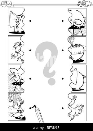 Bianco e Nero Cartoon illustrazione di immagini educativi Matching Game per bambini con i puzzle di animali Divertenti Pagina di colorazione Illustrazione Vettoriale