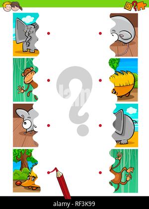 Cartoon illustrazione di immagini educativi Matching Game per bambini con i puzzle di animali Divertenti Illustrazione Vettoriale