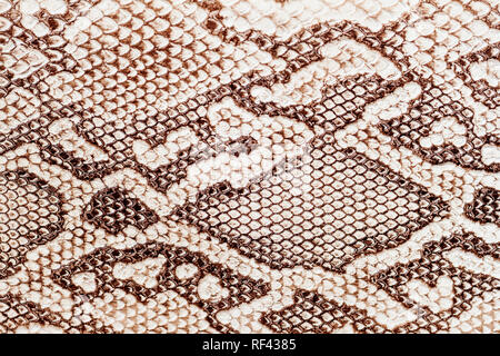 Modello di Snakeskin in vera pelle close-up, imitazione rettile esotico, superficie di beige marrone colore di sfondo alla moda Foto Stock