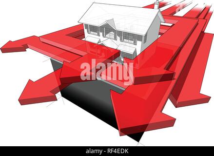 Schema di una classica casa coloniale e molte frecce accelerando intorno alla casa in un astratto schema di business Illustrazione Vettoriale