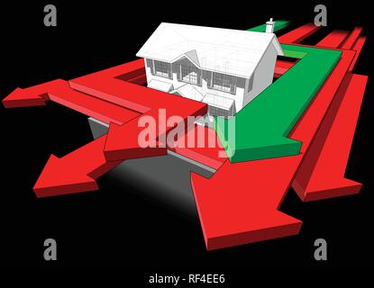 Schema di una classica casa coloniale e molte frecce accelerando intorno alla casa in un astratto schema di business Illustrazione Vettoriale