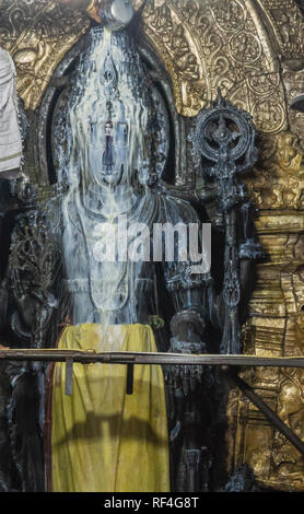 Belur, Karnataka, India - 2 Novembre 2013: Chennakeshava Tempio. Santuario principale prima di iniziare la cerimonia Abisheka. Latte coagulato versata uovere Foto Stock