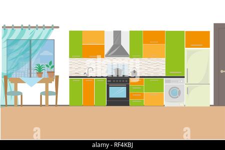 Cucina con mobili. Accogliente cucina interno con tavolo, stufa, credenza, stoviglie e frigorifero. Uno stile piatto illustrazione vettoriale EPS. 10 Illustrazione Vettoriale