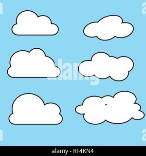 Nuvola Bianca icon set. Soffici nuvole. Cartoon carino cloudscape. Le nuvole firmare i simboli. Design piatto, web app elemento di decoro. Blues sullo sfondo del cielo. Isolato. Illustrazione Vettoriale Illustrazione Vettoriale