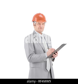 Dreaming ingegnere senior . isolato su sfondo bianco Foto Stock