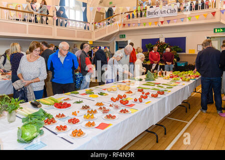 Vista persone fresche fatte in casa produrre (frutta e verdura) display in village hall la concorrenza - i giardinieri' mostrano, Burley in Wharfedale, nello Yorkshire, Inghilterra, Regno Unito. Foto Stock
