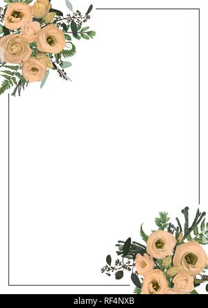 Golden decorativi cornice rettangolare con eucalipto, felce, brunia, rami di legno di bosso e fiori eustoma crema. Per matrimonio inviti, vignette, po Illustrazione Vettoriale