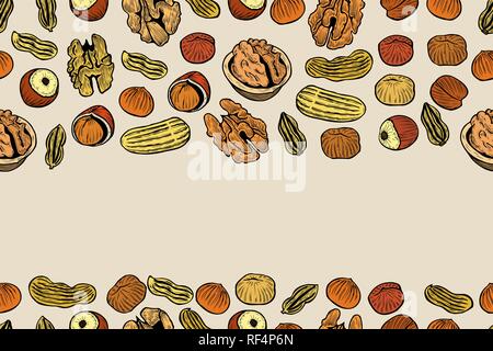 Vector seamless pattern con noci e semi. Pistacchi, brasil dadi, pecan, nocciola, noce moscata, anacardi sfondo. Disegnata a mano elementi in stile sketch. Illustrazione Vettoriale