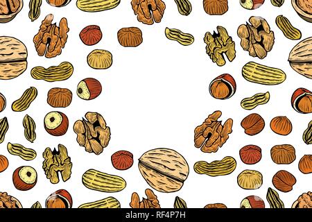 Vector seamless pattern con noci e semi. Pistacchi, brasil dadi, pecan, nocciola, noce moscata, anacardi sfondo. Disegnata a mano elementi in stile sketch. Illustrazione Vettoriale