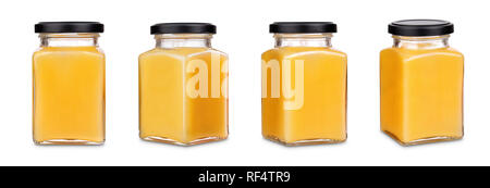 Square un vasetto di miele con cappuccio nero isolato su sfondo bianco, varie fasi e punti di vista Foto Stock