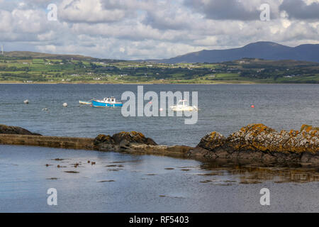 Vista dalla penisola di Fanad di imbarcazioni ormeggiate sul Lough Swilly, County Donegal, Irlanda con la Penisola di Inishowen in background. Foto Stock