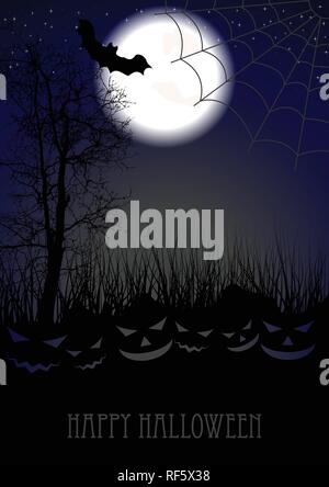 Halloween Dark notte di luna sfondo con Jack-O-Lantern silhouettes di zucca. Il design del vettore Illustrazione Vettoriale