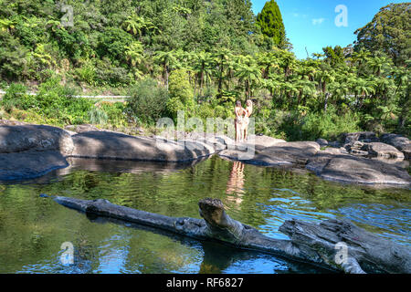 TAURANGA NUOVA ZELANDA - gennaio 23 2019; matura in piedi in sun riflette in waterholle guardando scenic cascata sul caldo giorno d'estate in McLaren scende Foto Stock