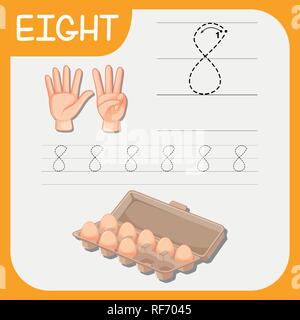 Numero otto tracing alfabeto illustrazione i fogli di lavoro Illustrazione Vettoriale
