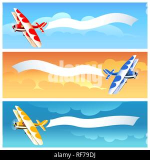 Set di velivolo biplano con banner pubblicitario su vari sfondi sky. Illustrazione Vettoriale. Illustrazione Vettoriale