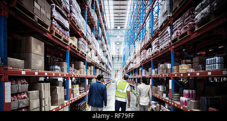 Il team di magazzino discutendo mentre si cammina in magazzino Foto Stock