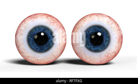 Due realistico gli occhi umani con iris blu, isolato su sfondo bianco (3d'illustrazione) Foto Stock