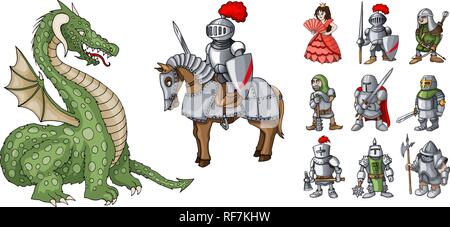 Favole i personaggi dei cartoni animati. Fantasy cavaliere e drago, princess e cavalieri Illustrazione Vettoriale