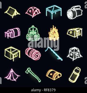 Diversi tipi di tende a neon di icone nella raccolta di set per il design. Un ricovero temporaneo e alloggiamento simbolo vettore illustrazione stock. Illustrazione Vettoriale