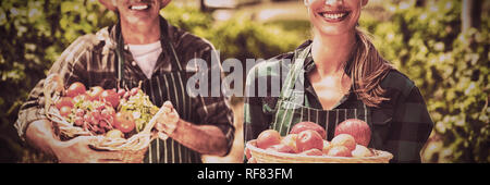 Ritratto di felice agricoltore giovane azienda cesti di frutta e verdura Foto Stock