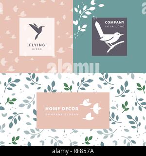 Set di vettore di uccelli in volo segno. Sagome scure isolato e seamless pattern. Illustrazione Vettoriale