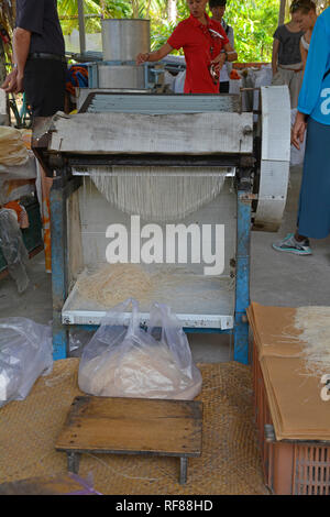 Can Tho, Vietnam - 31 dicembre 2017. Freschi a base di noodle i fogli vengono tagliati in strisce di pasta mentre i turisti stanno a guardare in una fabbrica di tagliatella Foto Stock