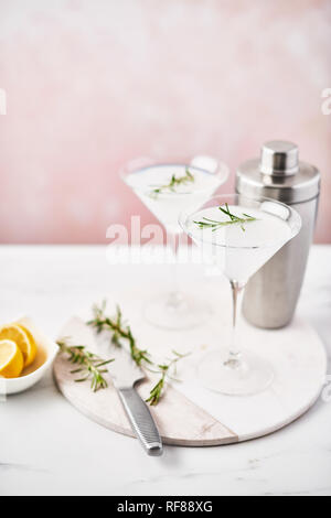 Estivo rinfrescante cocktail alcolico Margarita con rosmarino e agrumi o frizzante gin e limonata con shaker sulla tavola di marmo oltre Foto Stock