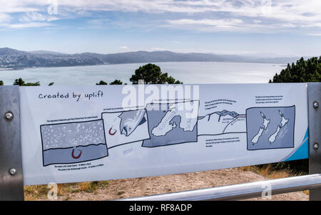 Un segno interpretative e vedute della capitale della Nuova Zelanda Wellington da Mt Victoria lookout, in una calda giornata d'autunno. Foto Stock