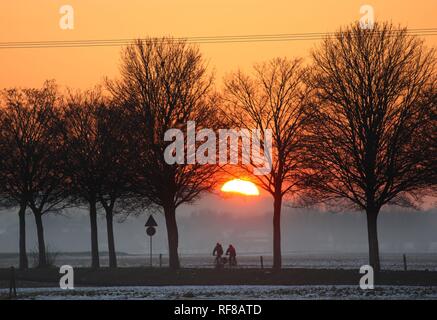 Tramonto, gli automobilisti e i ciclisti su strada di un paese in inverno vicino a Duisburg, Renania settentrionale-Vestfalia Foto Stock