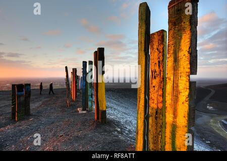 "Totem, ' installazione pezzo di arte costruita da oltre 100 traversine ferroviarie dall artista basco Agustín Ibarrola sul data mining cumuli di rifiuti Foto Stock