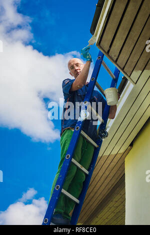 Giovane uomo in piedi sulla scala pittura la sua casa Foto Stock